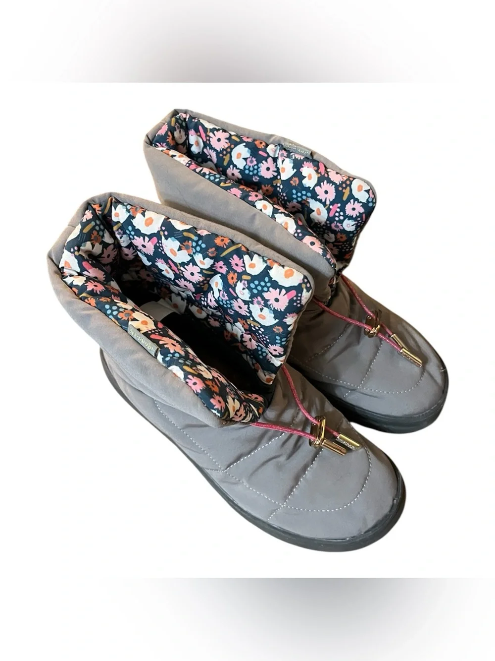 Hey Dude Gray Winter Rain Boots with Floral Lining and Pink Accents